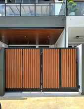 Load image into Gallery viewer, Mild Steel Driveway Gate 3 - Bi Fold Aluminium Wood Design (Inclusive of Outdoor PU Paint) (Gate + Bi-fold motor system set)