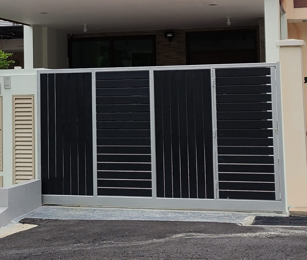 Mild Steel Driveway gate 16 - Sliding Aluminium Woodgrain Infill