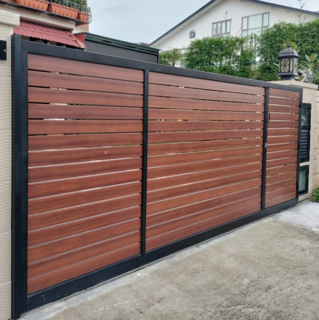Mild Steel Driveway gate 16 - Sliding Aluminium Woodgrain Infill