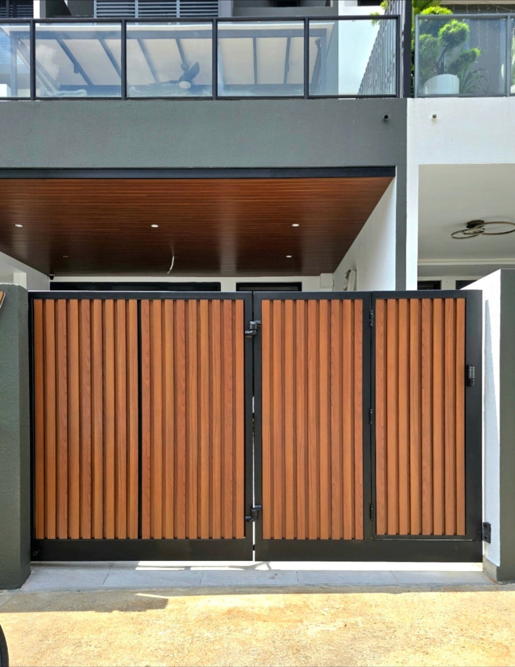 Mild Steel Driveway Gate 3 - Bi Fold Aluminium Wood Design (Inclusive of Outdoor PU Paint) (Gate + Bi-fold motor system set)