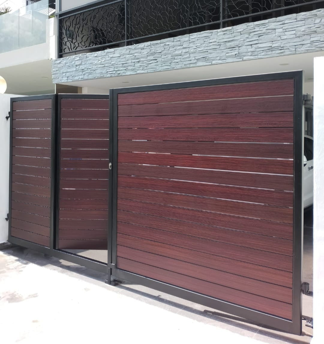 Mild Steel Driveway gate 5 - Aluminium woodgrain infill (Inclusive of Outdoor PU Paint)
